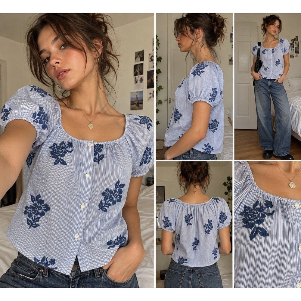 NWT J Crew Embroidered Stripe Peasant Blouse M Blue White Balloon Sleeve